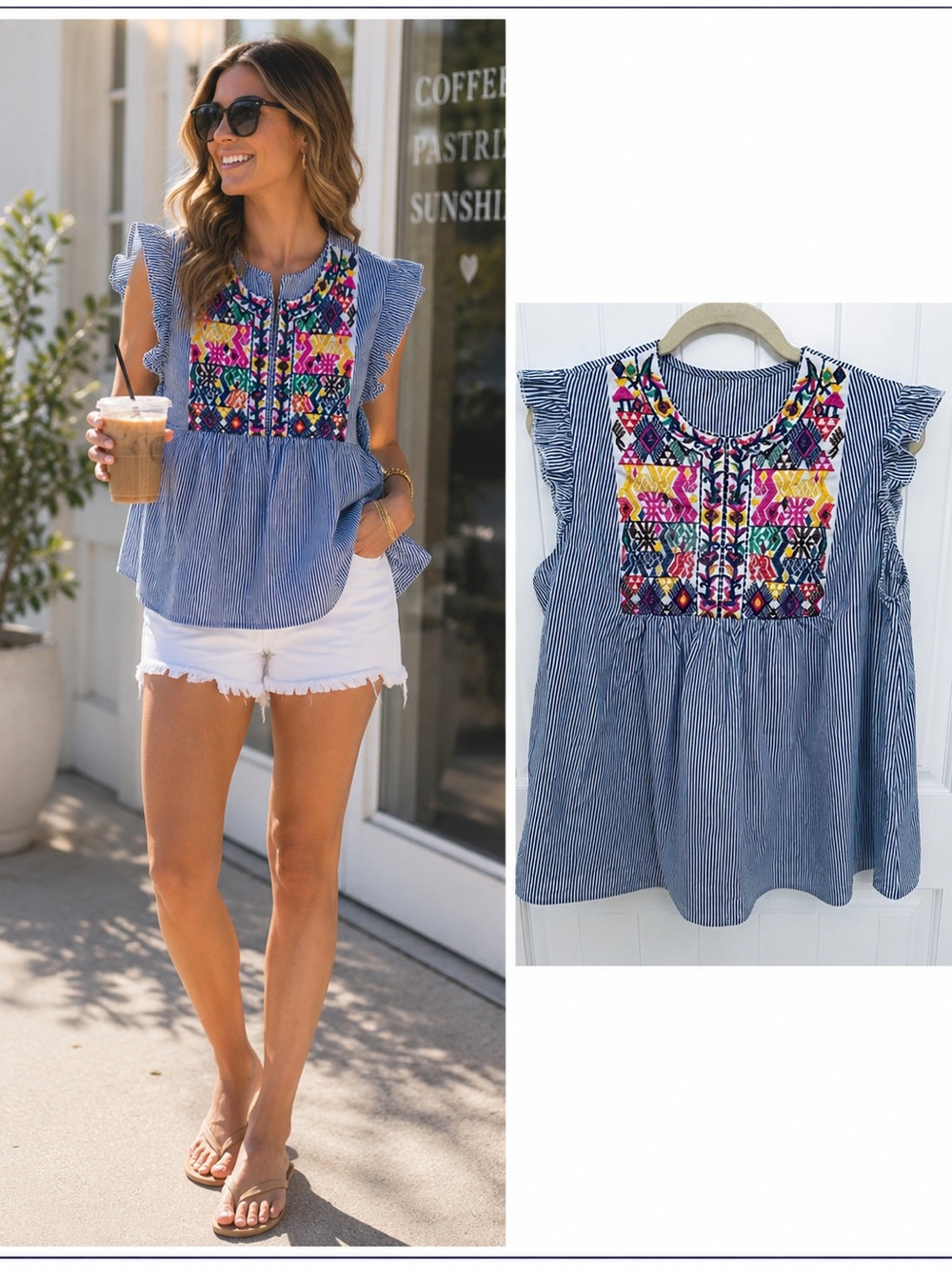 Embroidered Striped Ruffle Sleeve Top - Blue